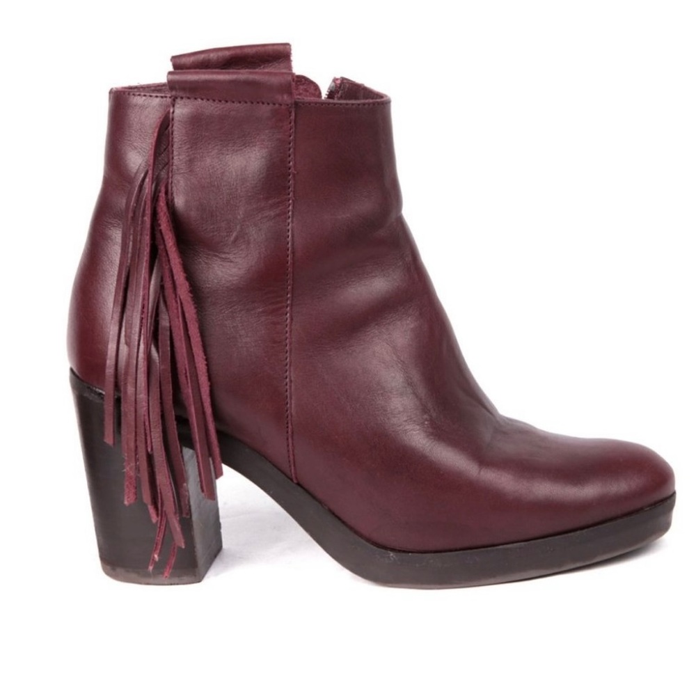 Fabianelli Leather Ankle Bootie Fringe Tassel Boot Italy Burgundy Wine Rubber